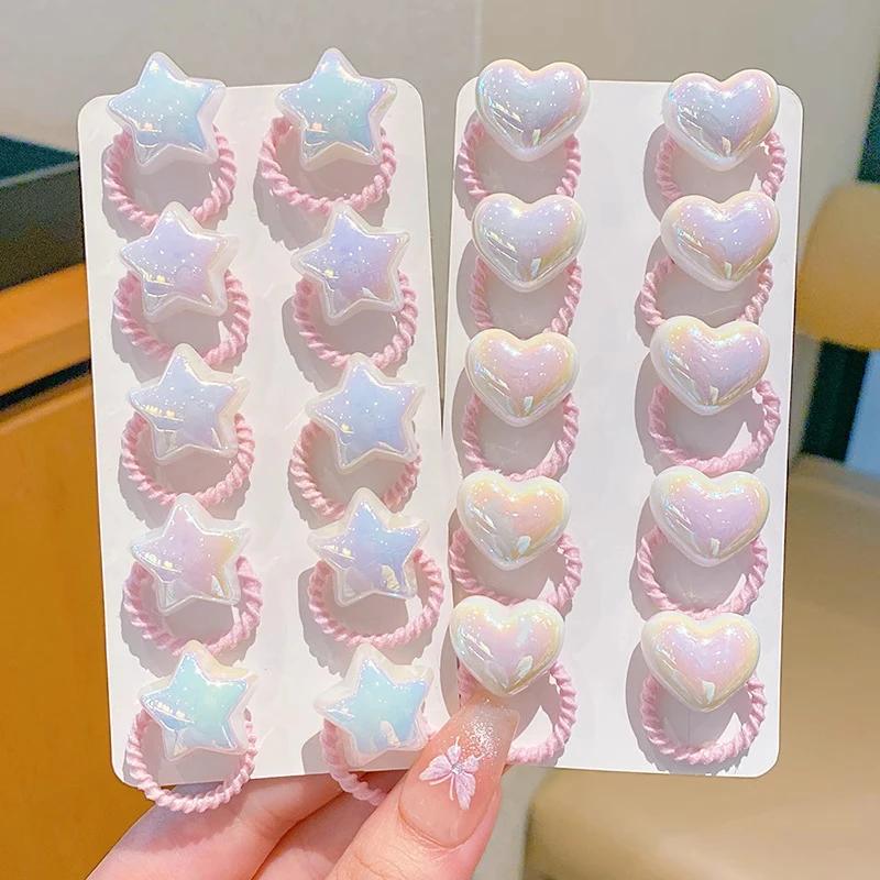 Cartoon Love Heart Star Hair Ties Toddler Elastic Rubber Band Kids Hair Ropes Accessories 10Pcs Cute Baby Girl Hair Bands