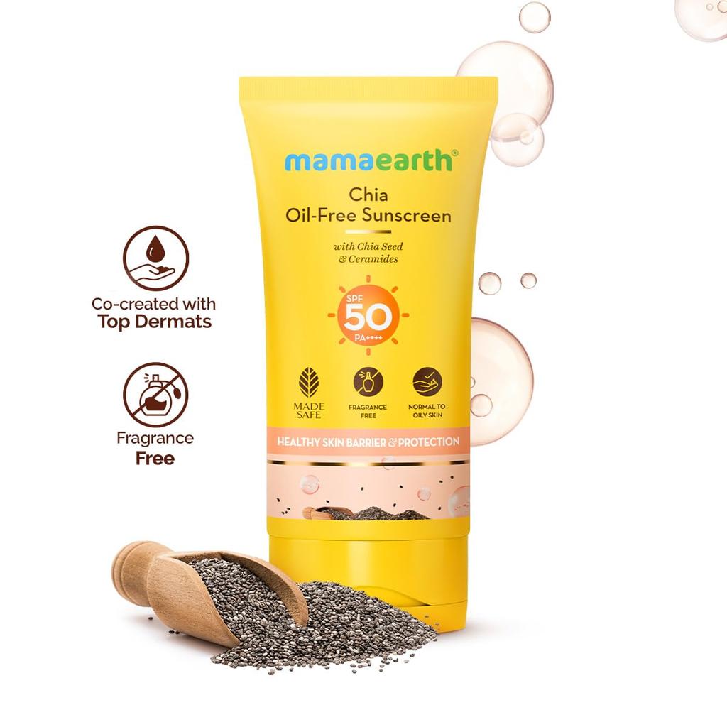 Mamaearth Chia Oil-Free Sunscreen SPF50 PA++++ For Oily Skin With No White Cast Lightweight Tan Protection Hydrating Matte Glow 50g