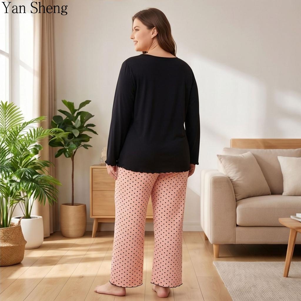 Large Size Pajamas Autumn and Winter Suit Printed Round Neck Long Sleeve Trousers Two-Piece Set Milk Silk Loose Home Clothes