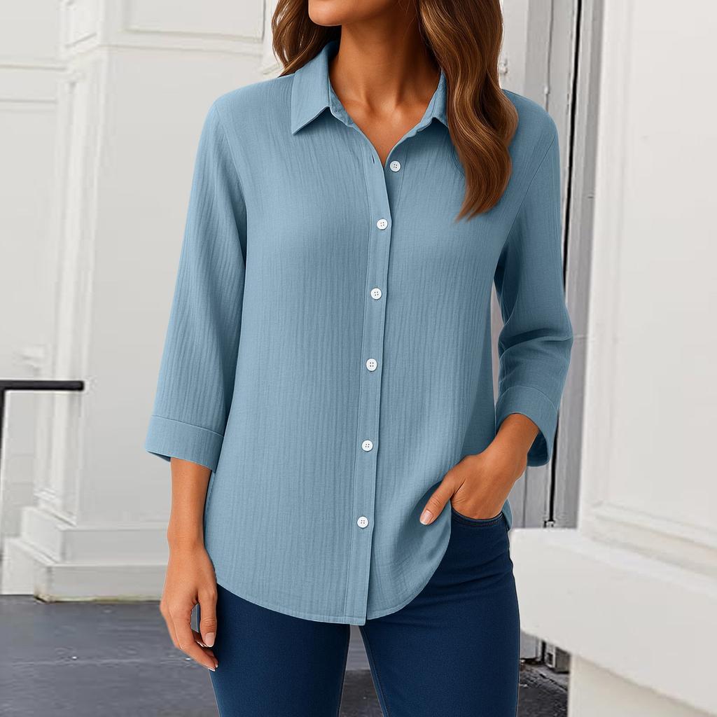 Womens Button Down Shirts 3/4 Sleeve Casual Collared Shirt Loose Blouses Solid Color Tops With Pocket