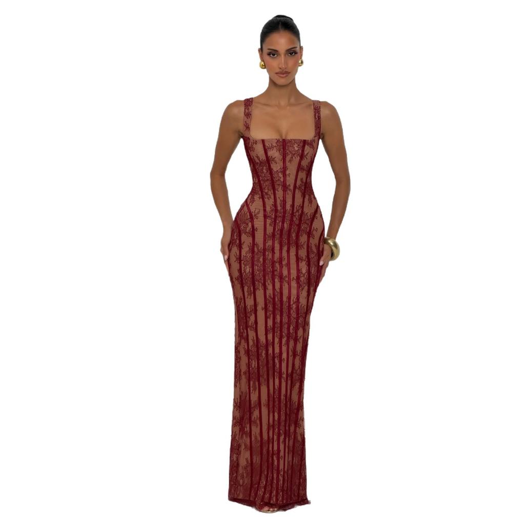 European and American Women's Clothing Fashion Lace Fish Bone Suspender Long Dress Waist Evening Dress Strap Hip Tube Top Dress