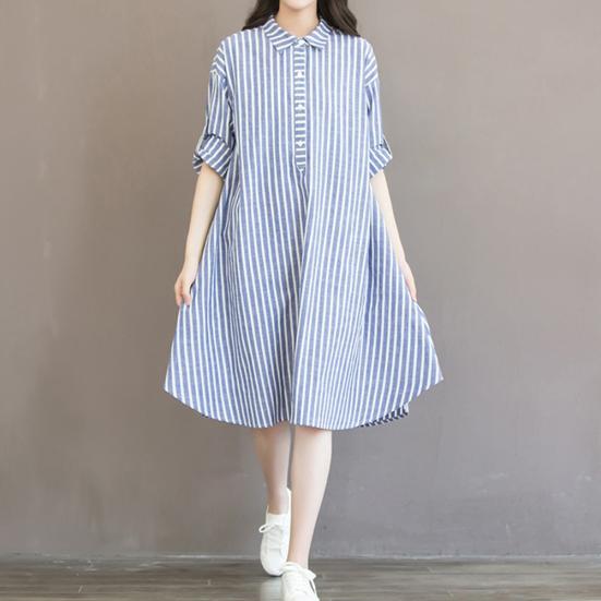 Plus Size Women Vertical Striped Loose Long Sleeve Button Down Shirt Midi Dress