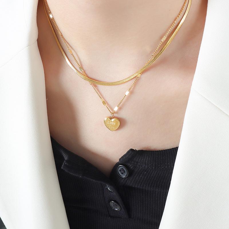 Double Layer Heart Pendant Titanium Necklace - Hip Hop Style, Non-fading Fashion Clavicle Chain for Women