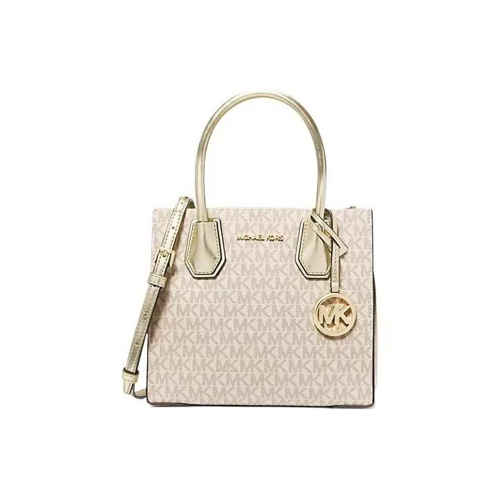 Michael Kors MK Mercer Signature Logo Metal Accordion Coated Canvas Medium Shoulder Crossbody Bag Women Bags Vanilla 35H3GM9M2B-PLGLDMULTI Basic Set (Bag+Dust Bag)