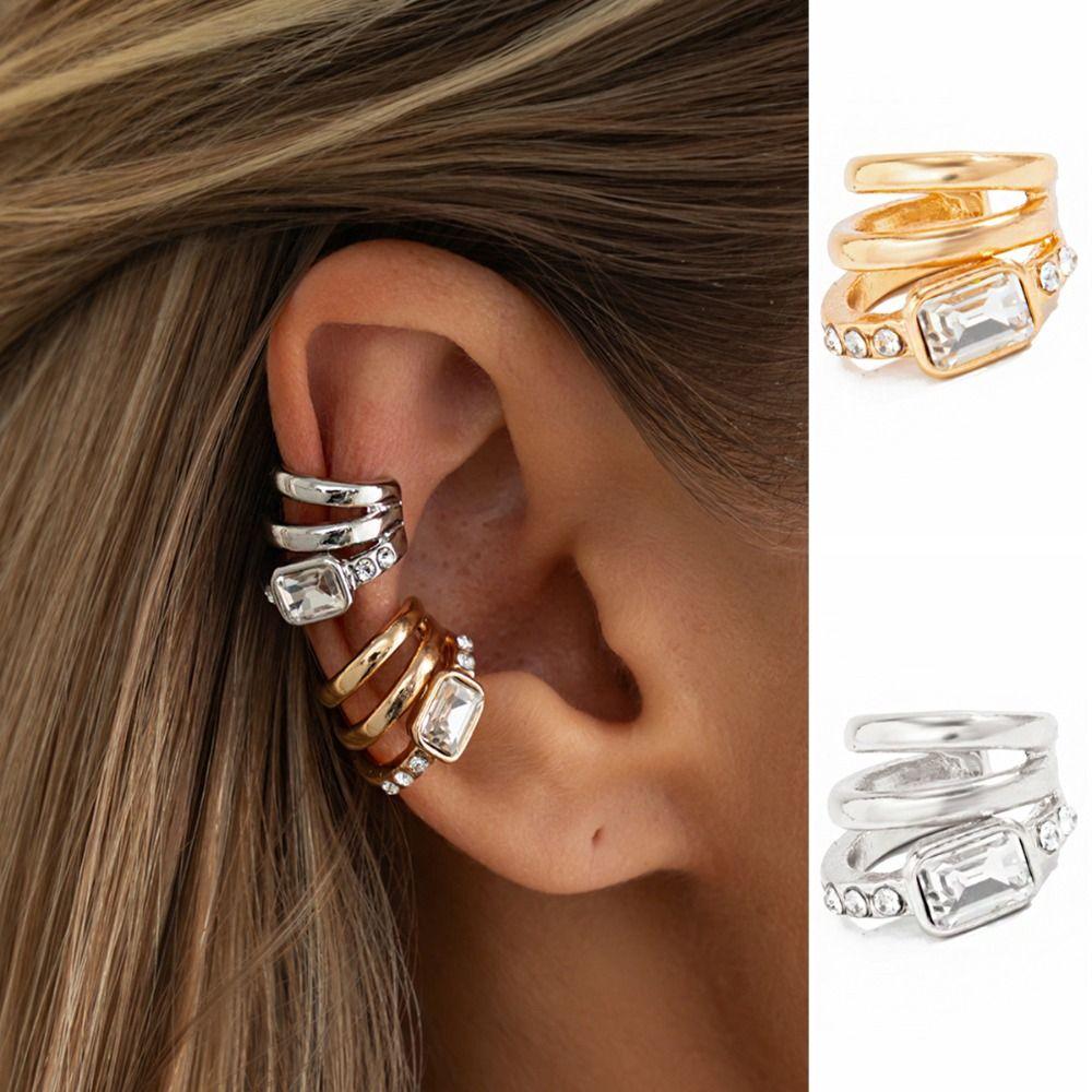 Silver Triple Ring Clip Multi-Layer Square Zircon Stud Earrings Hip Hop Ear Buckle Party