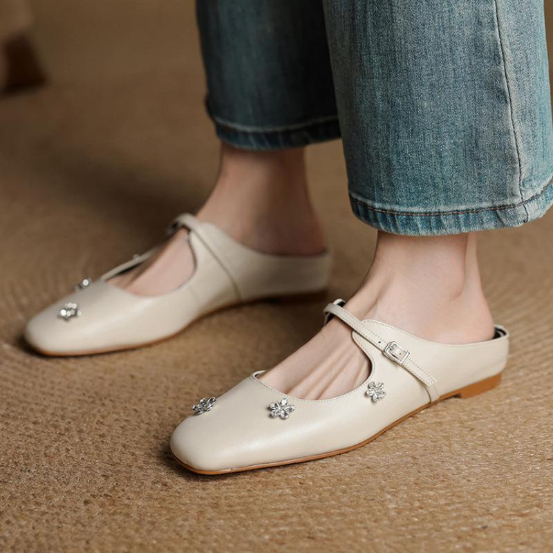 New Women's Flat-bottomed Slippers Summer One-pedal Slippers Beef Tendon Soft Sole Solid Color Leather Women's Shoes Casual Large Size Shoes