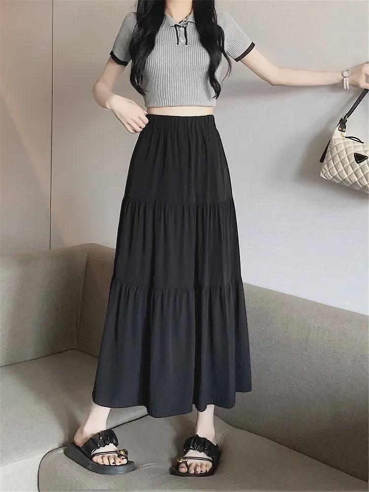 2025 Women's High-Waist A-Line White Skirt: Spring/Summer Korean Style with Elastic Waist