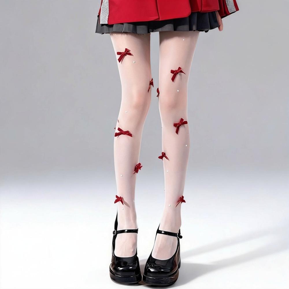 Pearl Embroidery Pearl Stockings Velvet Bow Pantyhose Fashionable Body Stockings Base Layer
