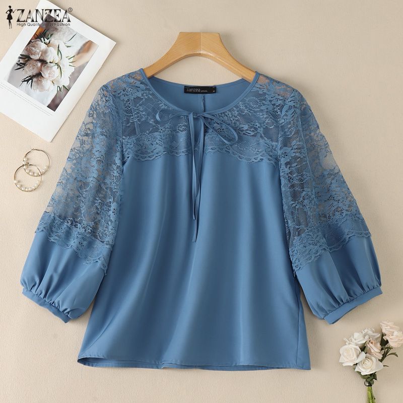 ZANZEA Blusa casual da donna con scollo rotondo, manica a metà, patchwork in pizzo traforato