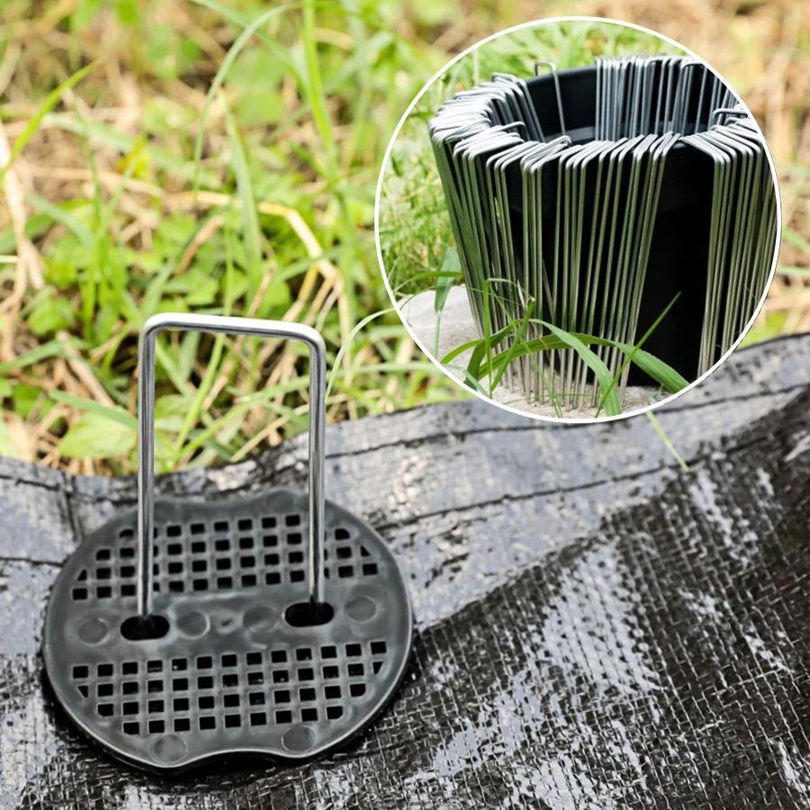 20Pcs U-Shaped Garden Stakes & 20Pcs 3-Hole Washers Turf Nails for Securing Weed Tents & Lawn Turf Outdoor Landscaping Anchors