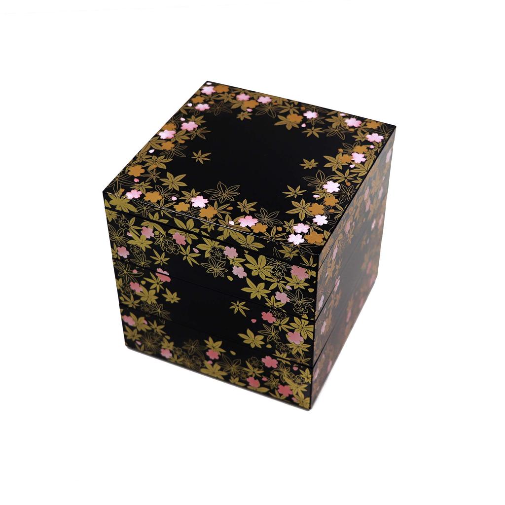 Osaka Choseido Jubako Box with Shunju Yamanaka Original Cooler Bonus Sports Day 15cm 3-Tiered Design, Lacquer, Bag, Included, Osechi, Black,