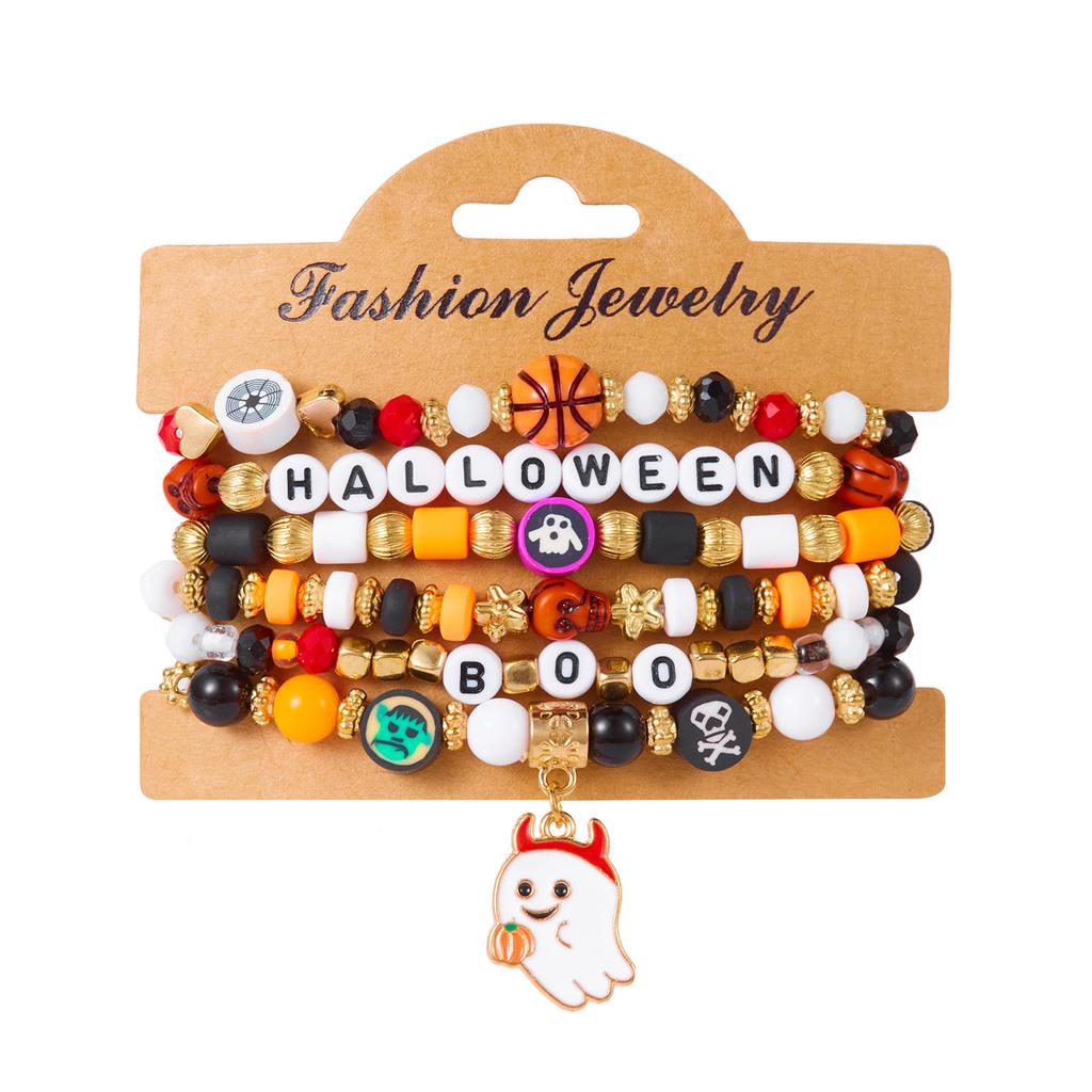 New Creative Pumpkin Skull Ghost Spider Bracelets Set for Women Handmade Polymer Clay Beads Stackable Bracelet Halloween Jewelry