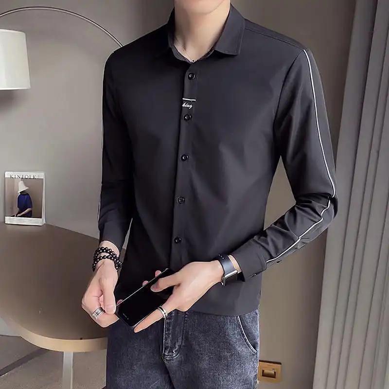 Men's Slim Fit Black Long Sleeve Shirt with Side Stripes Casual Business Formal Shirt