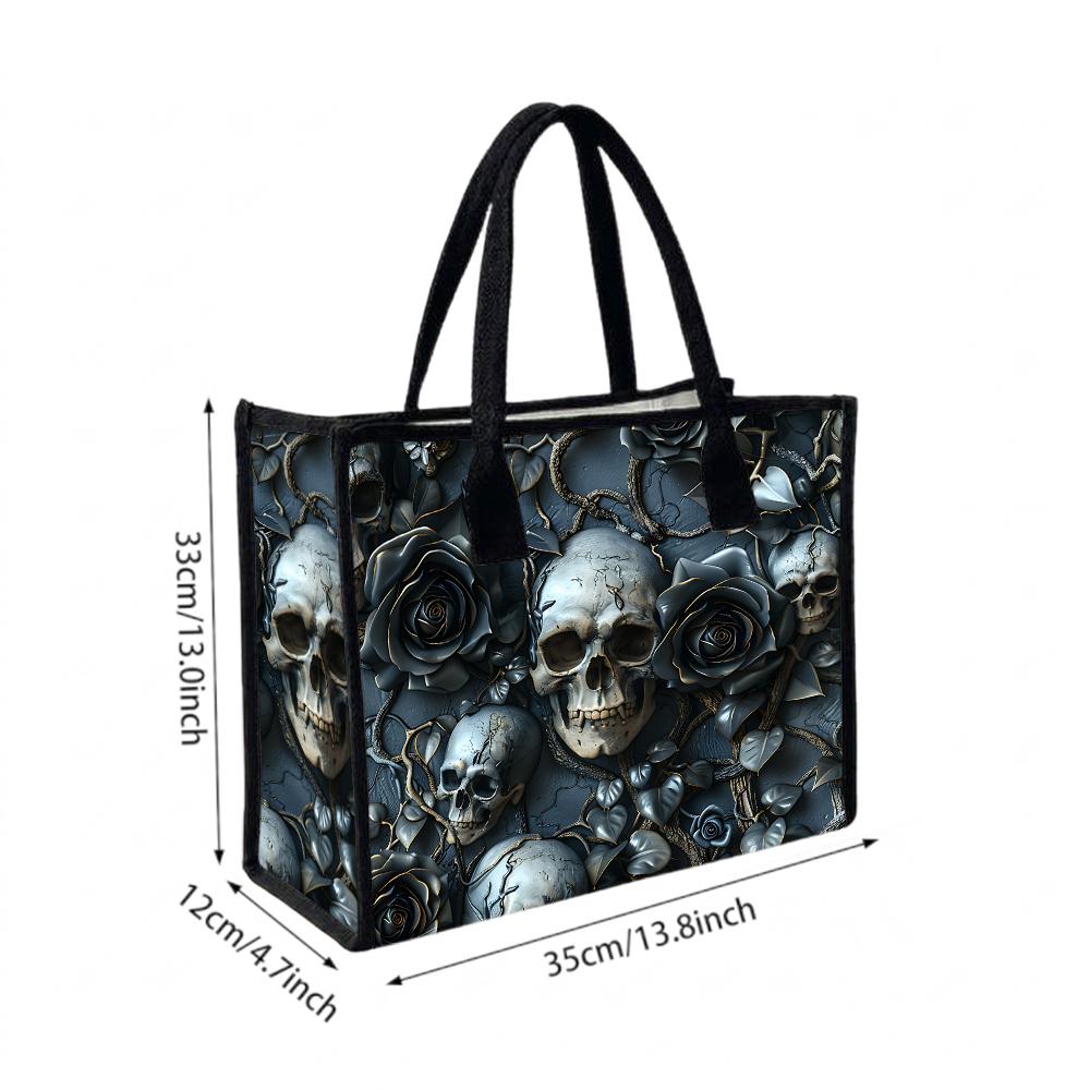 Gothic Skull Rose Print Shoulder Tote Bag Fashion Daily Use Casual Handbag for Street Outgoing Carry All