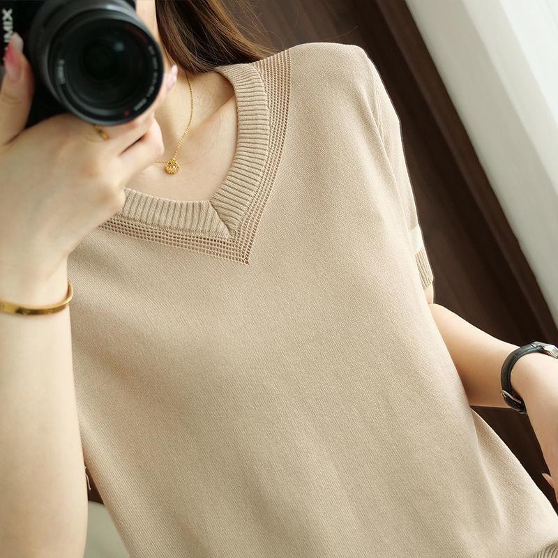Women's Ice Silk Knitted T-shirt Hollow Out Color Blocked Knitted Shirt Loose Western Style Top