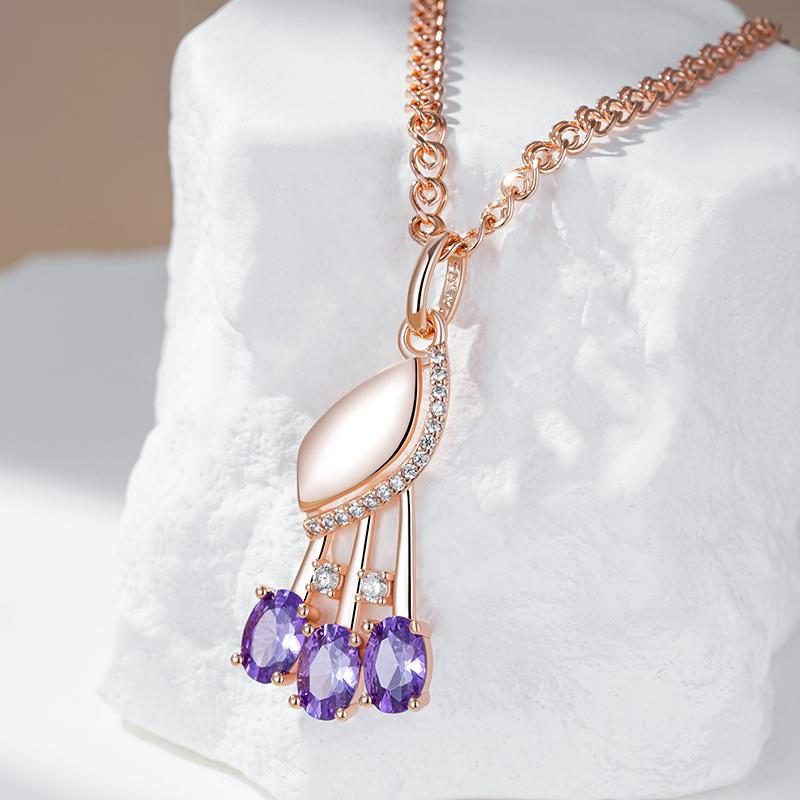 Shiny Purple Natural Zircon Pendant Necklace For Women Fashion Rose Gold Color Crystal Flower Daily Fine Jewelry