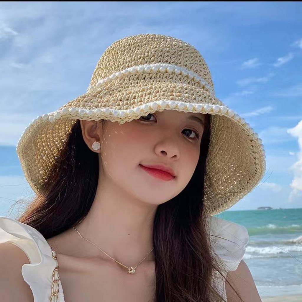 Hat women's woven pearl straw hat summer thin sunshade sun protection seaside beach show face little fisherman sun hat cool