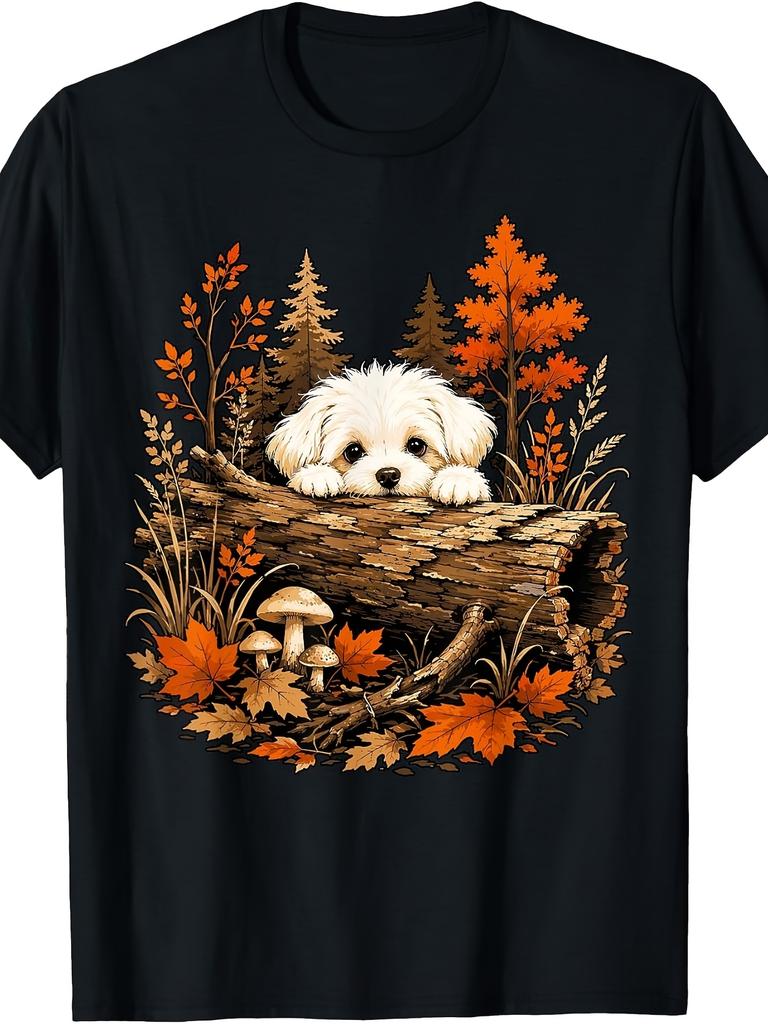 Unisex T-shirt Cute Maltese Puppy Autumn Forest Fall Leaves Dog Lover T-Shirt