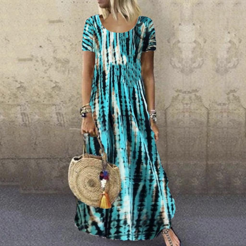 Women's Casual Loose Round Neck Short Sleeve Tie- Printed Long Hem Dress