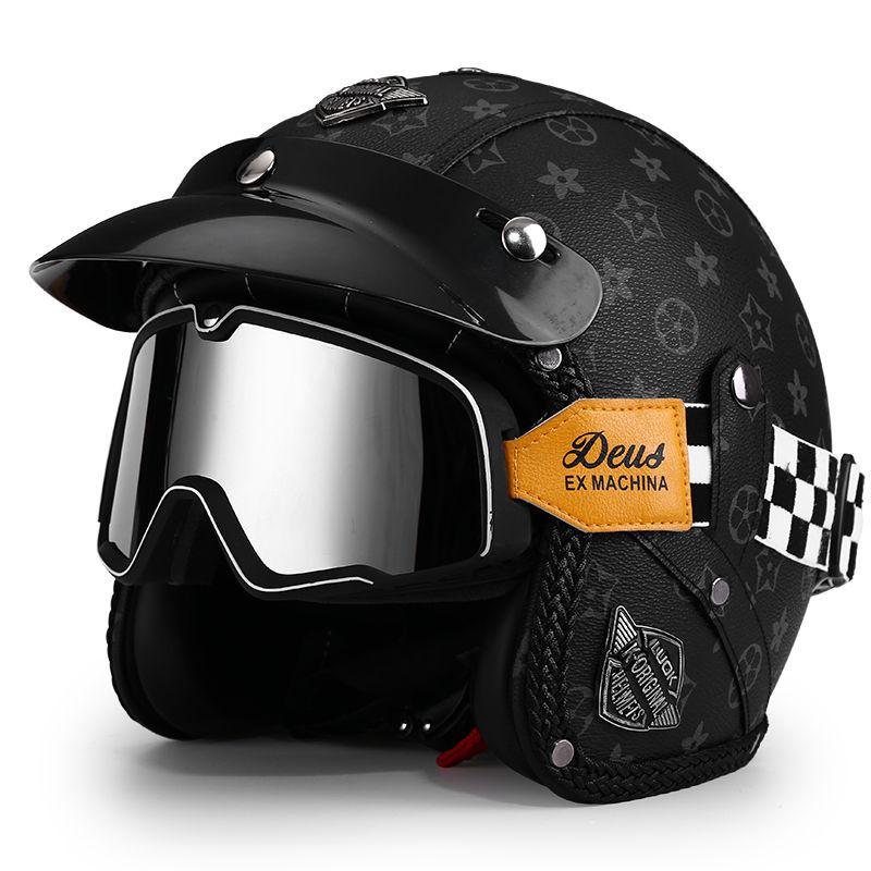 3C Vintage 3/4 Half Helmet Electric Motorcycle Summer Pedal Cruise Locomotive Leather Helmet Men and Women