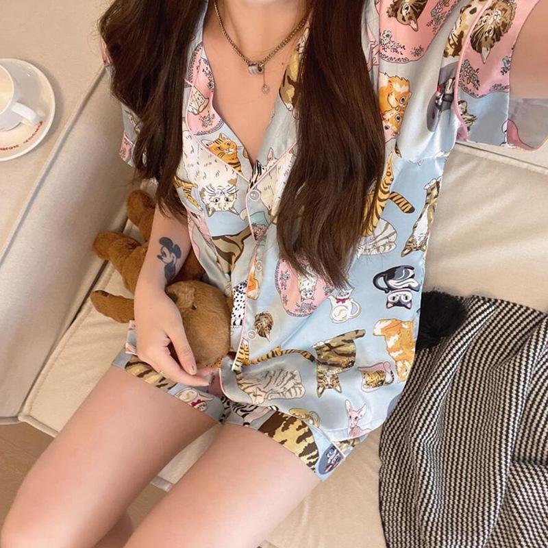 

Zhao Ruth Same Cat Ice Silk Pajamas Women S Summer Short-Sleeved Shorts Cartoon Loungewear Set M