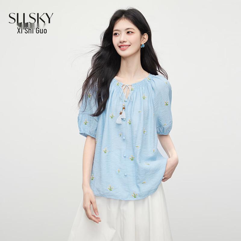 Sllsky Women s Floral Embroidered Puff Sleeve Blouse M