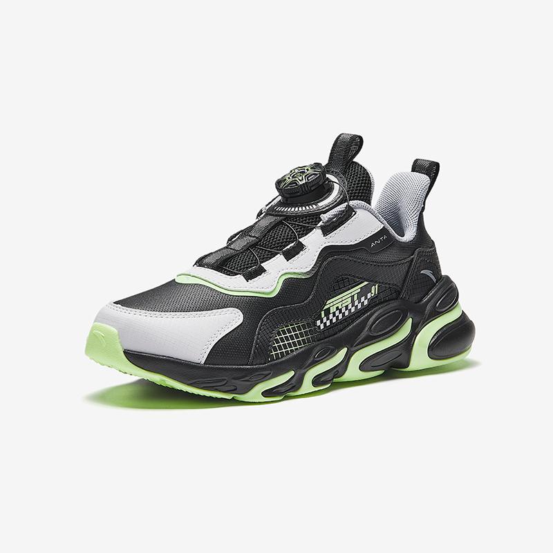 Anta Kids Synthetic Leather Fabric Trendy Versatile Lightweight Shock Absorption Low-Top Running Shoes Kids Sneakers Black White Green A12435523N-1