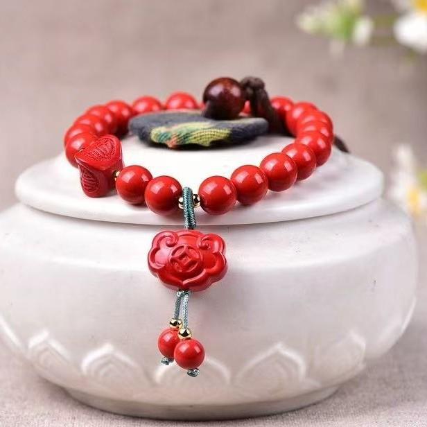 Authentic Red Cinnabar Bracelet with Fu Coin Peace Lock Bead – Women's Gift