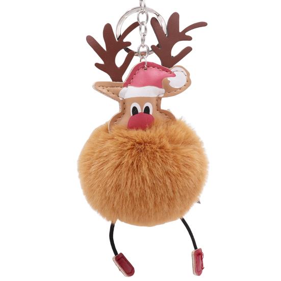 Christmas Deer Keychain Cute Reindeer Pom Pom Keyring Faux Fur Fluffy Plush Ball Charm for Handbag Backpack Purse Accessory