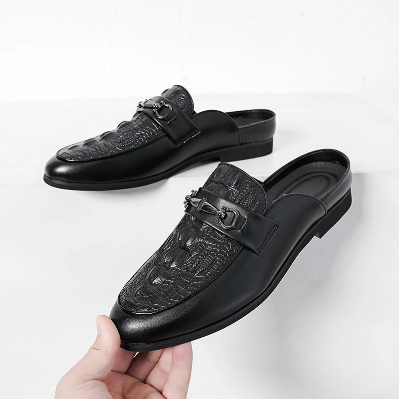 Fashion Men Leather Fashion Half Slipper Summer Men Loafers Flats Slippers for Outdoor Walking Shoes Male Shoes All-match Muller Shoes