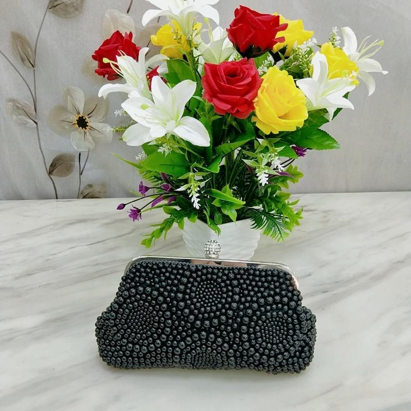 New women s Korean version pearl bag, rhinestone clutch bag, bridal handbag, women s bag, banquet bag, pearl chain bag. чёрный