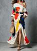 New Retro Off-the-shoulder Graffiti Print Split-ended Long Dress Europe and America