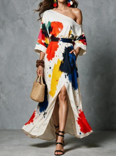 New Retro Off-the-shoulder Graffiti Print Split-ended Long Dress Europe and America