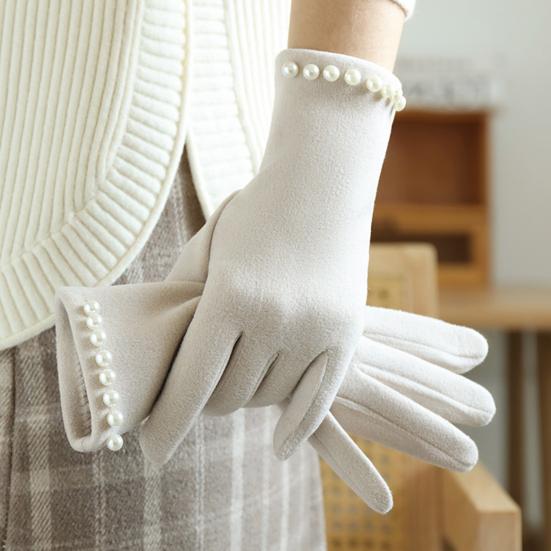Women Winter Touchscreen Gloves Plush Lined Gloves with Faux Pearls Warm Windproof
