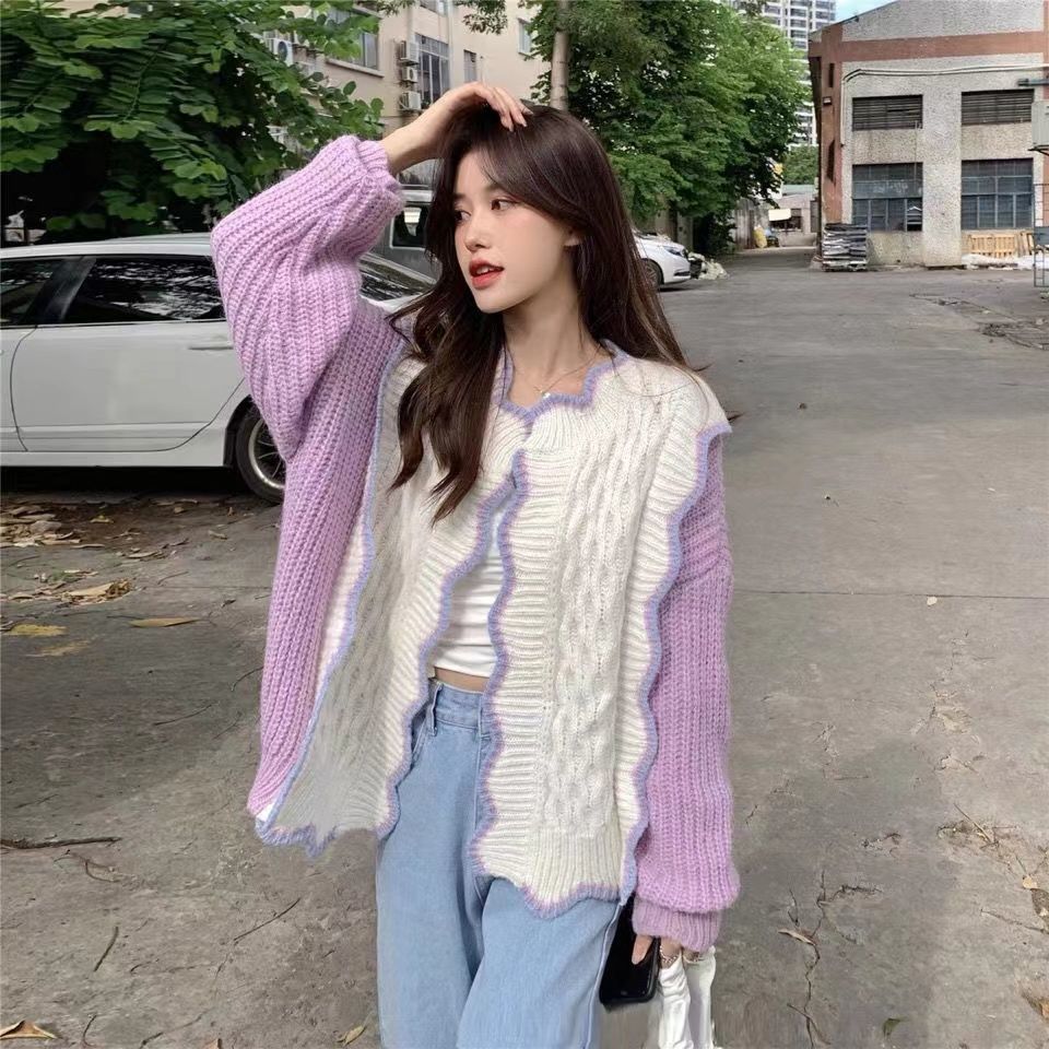 Purple Sweater Coat Autumn Women's Clothing Sweet Top Designed Niche Knitted Cardigan Early Spring Style