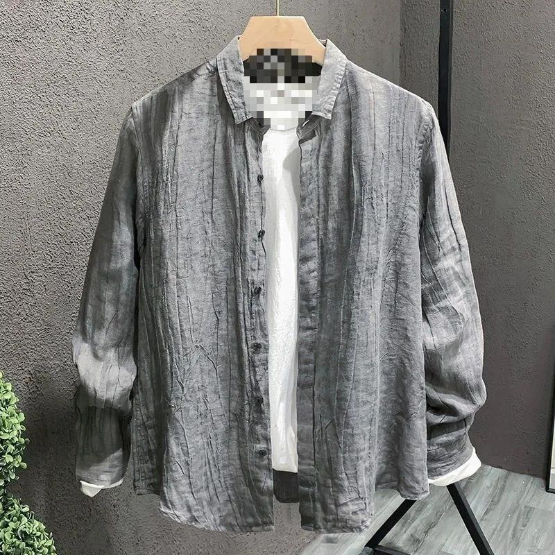 Spring and Autumn Men's Linen Solid Color Lapel Long-sleeved Shirt Trend All-match Loose Casual Shirt Jacket Men