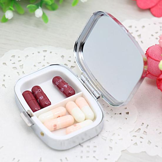 Metal Pill Box with Mirror Reusable Compact Portable Classified Store Pills Flower Print Oblong Shape Large Capacity Pill Organizer for Travel