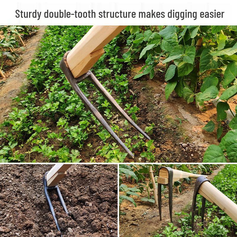 Two-Tooth Garden Hoe with Wooden Handle