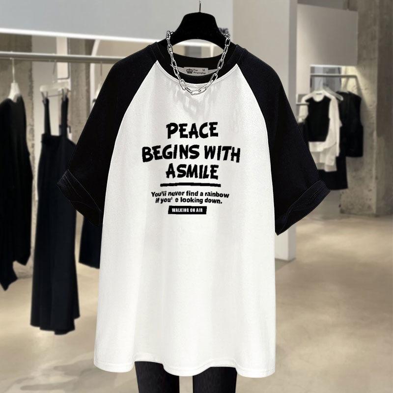 Contrasting Medium-length New Summer Casual Letters Large Version Loose Rag-sleeved Short-sleeved T-shirt for Women