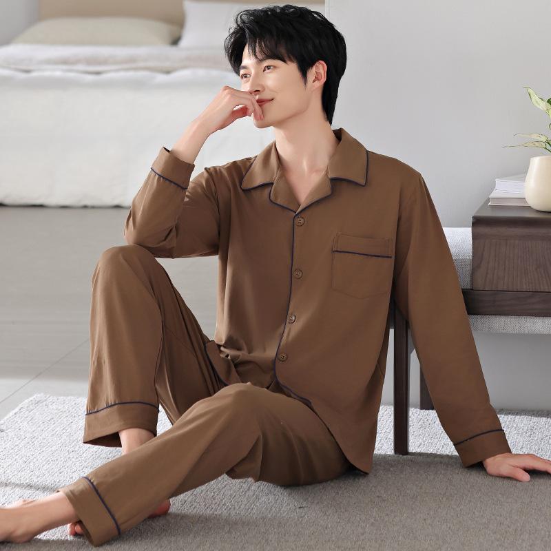 Pure Cotton Pajamas Men'S Spring And Autumn Cotton Long-Sleeved Suit Simple Large Size Can Be Worn Outside Loungewear Men