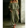 Womens Off Shoulder Long Sleeve Top Drawstring Waist Tapered Pants Two Piece Casual Outfit