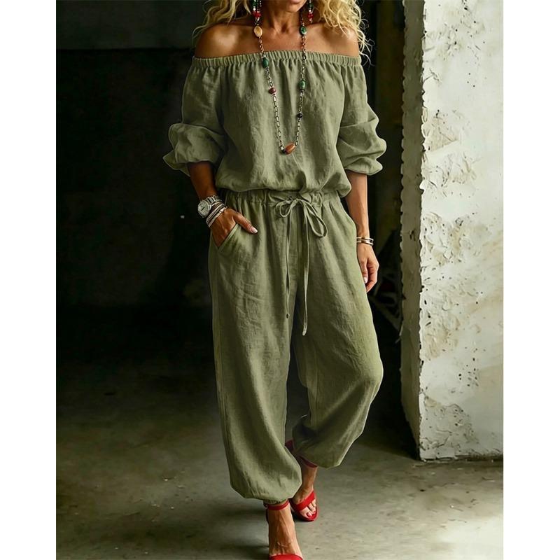 Womens Off Shoulder Long Sleeve Top Drawstring Waist Tapered Pants Two Piece Casual Outfit