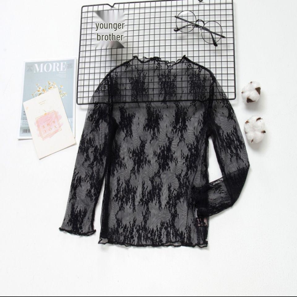 Girls Korean Style Lace Mesh Sun Protection Long Sleeve Top 100cm чёрный