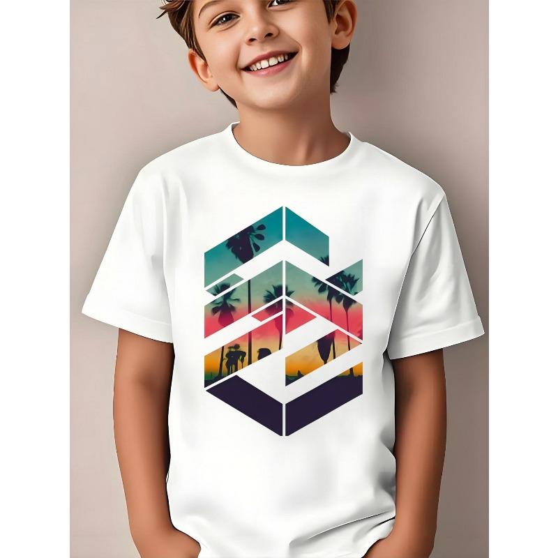 European sizes Fashionable Boy Short-sleeved Shirt, with Retro Art Style: Geometric Palm Tree Sunset Print Children s T-shirt 110