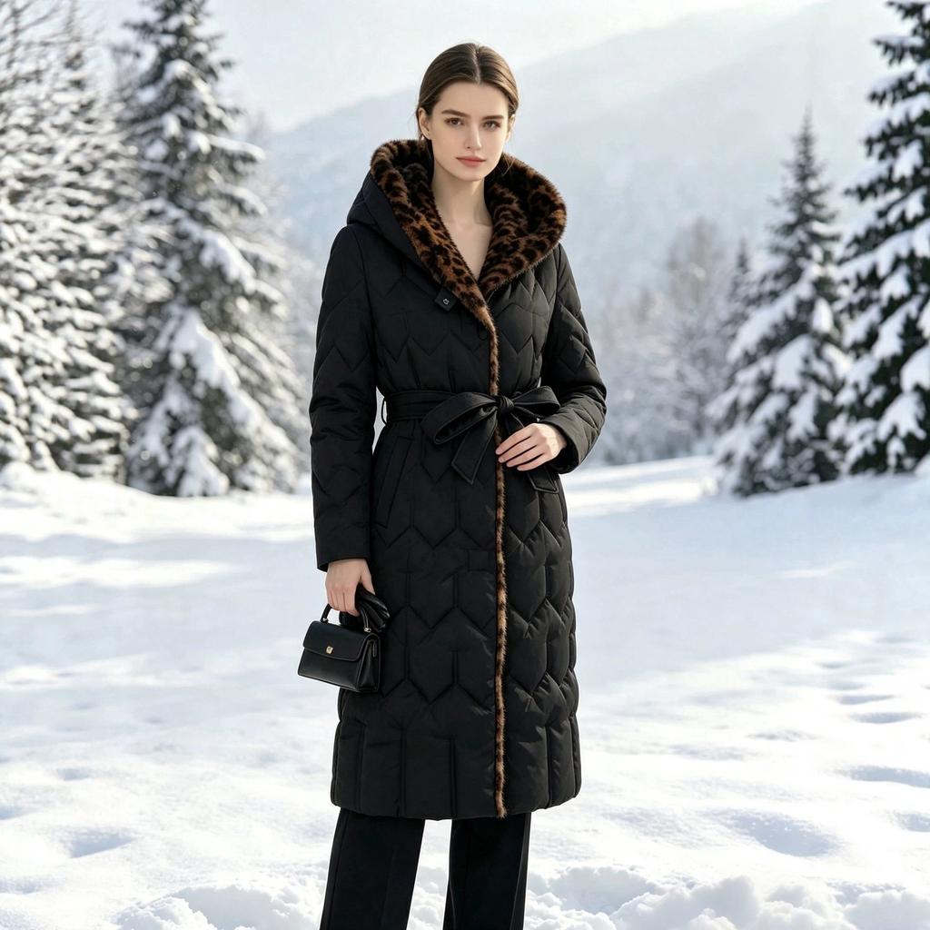 Large size fashion winter long knee leopard print hooded down cotton clothes women's thickened with loose coat