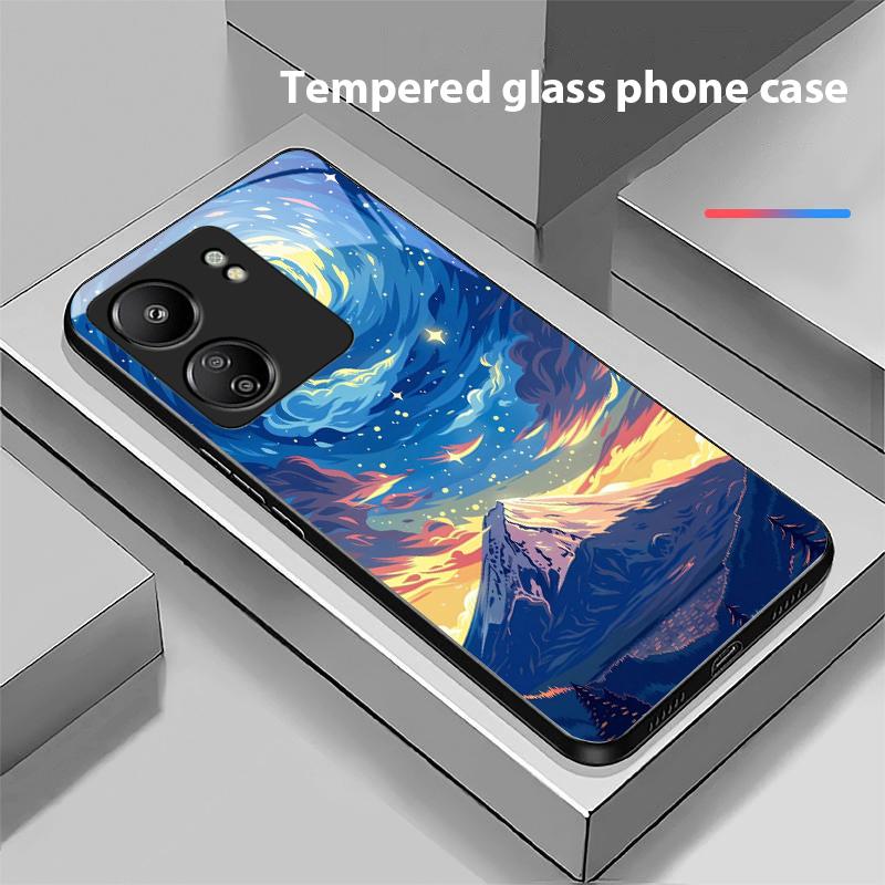 Olejomaľba Domček Pre Xiaomi Redmi 13C Note13 12 Pro Plus 5G Note 9 13T Pro POCO X6 F5 F6 Čierny Kryt na Telefón z Tvrdeného Skla