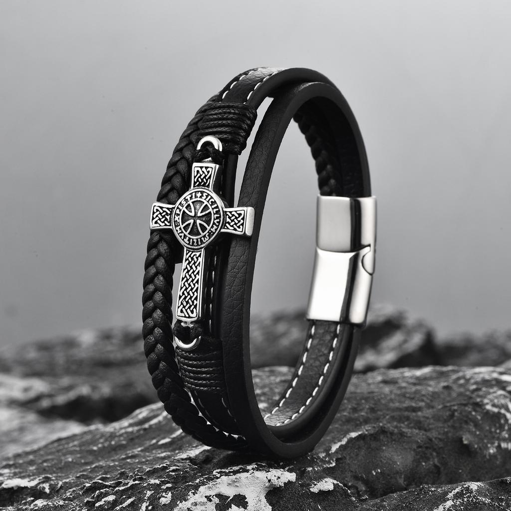 Creative Multi Layer Braided Cross Titanium Steel Leather Bracelet Personality Bangle