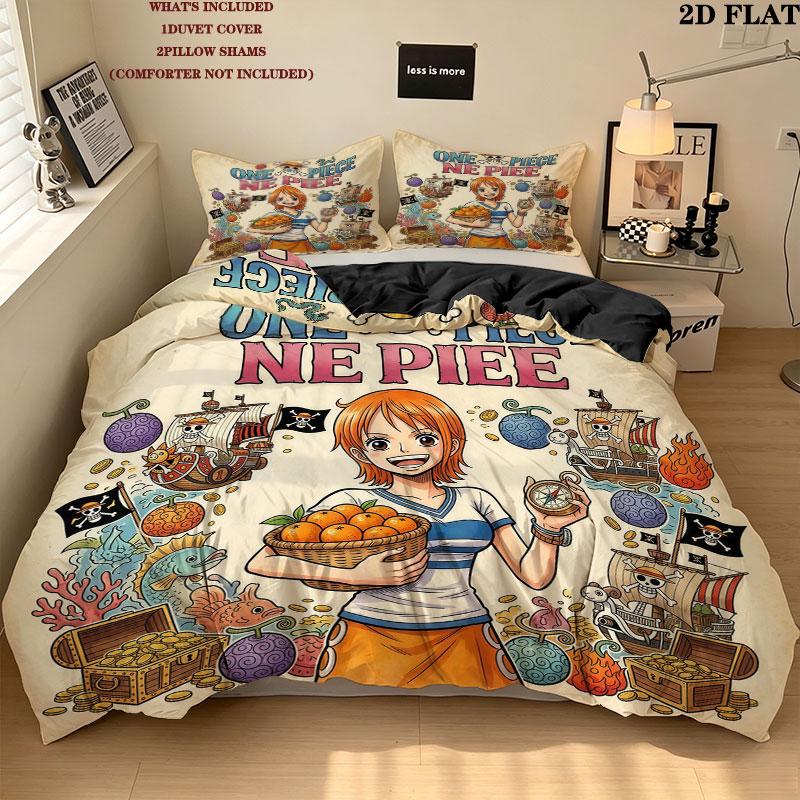 Pościel z nadrukiem One Piece Zestaw kołdry Poszewka na kołdrę Poszewka na poduszkę Domowy prezent urodzinowy(1 * poszwa na kołdrę + 2 * poszewki na poduszki, bez rdzenia)