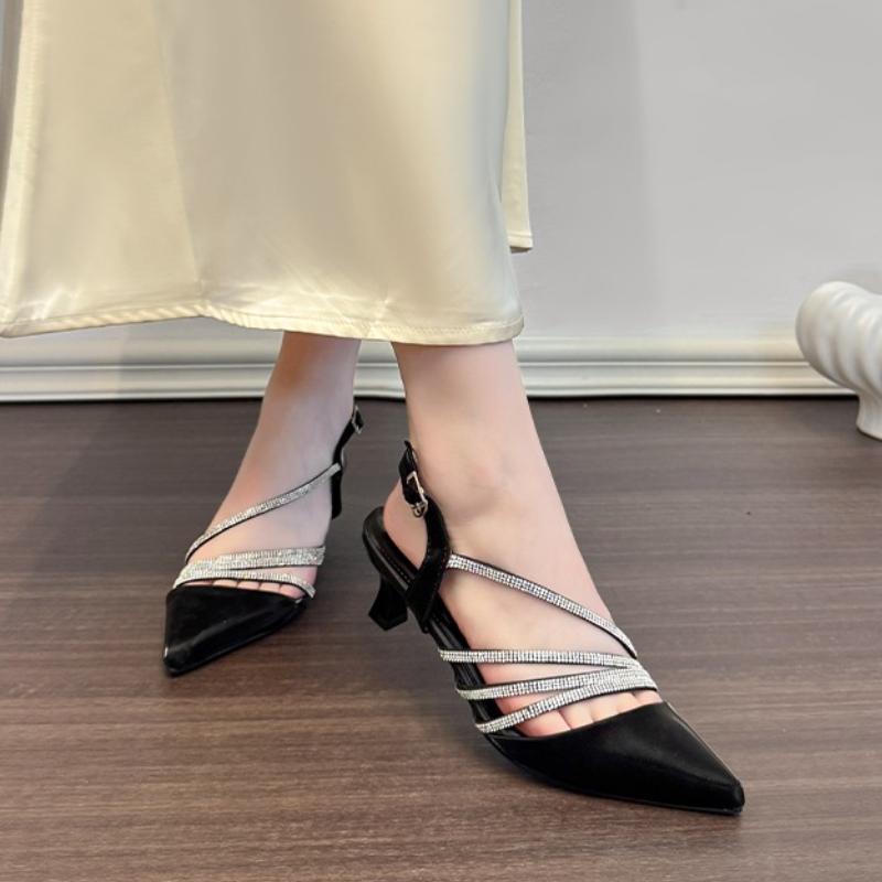 

French Baotou Sandals Temperament 2025 Pointed Toe Summer Fashion New High Heels Rhinestone Women s Single Shoes 34