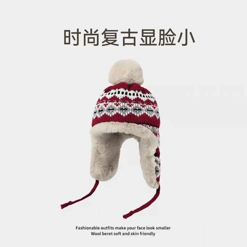Vintage Fair Island Jacquard Ear Protector Wool Hat Women's Autumn and Winter Fleece Thickened Warm Three Hair Ball Knitted Hat Lei Feng